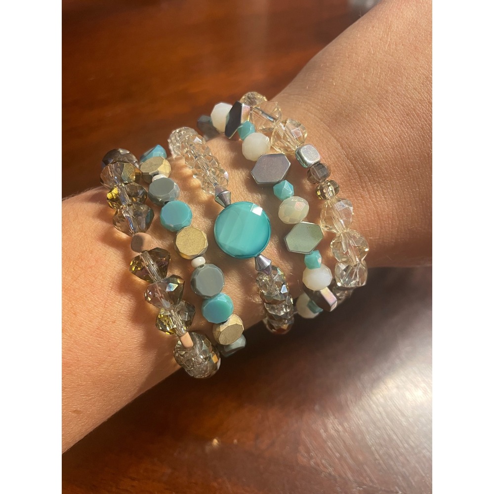Erimish Beaded Bracelet Stack Turquoise Champagne Grey 5 Piece Set with Pouch